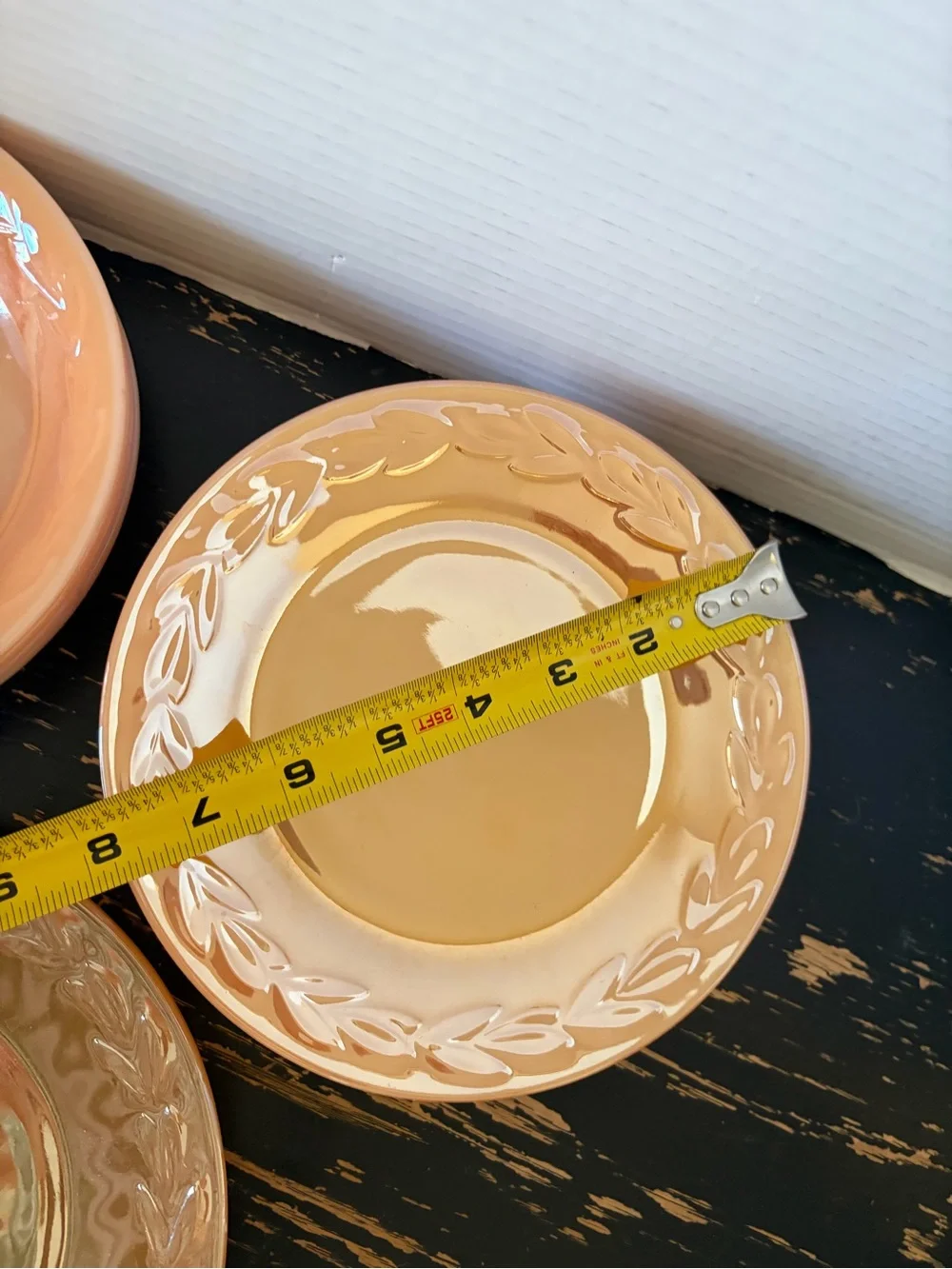 Set of Vintage Fire King Peach Lustre Laurel Leaf bowls and plates